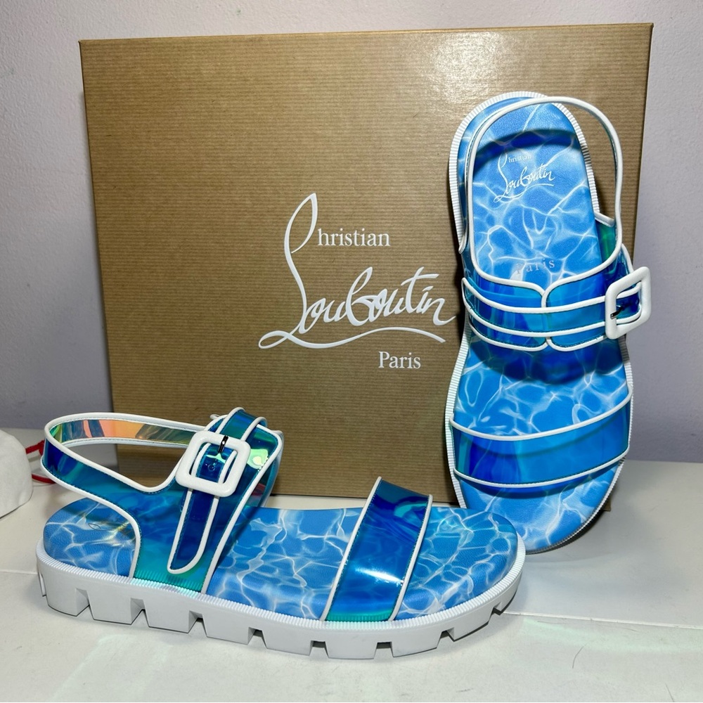 NEW CHRISTIAN LOUBOUTIN DUNISS COOL SANDALS IRIDESCENT BLUE/WHITE LUG SOLE SZ 37 - Picture 12 of 16